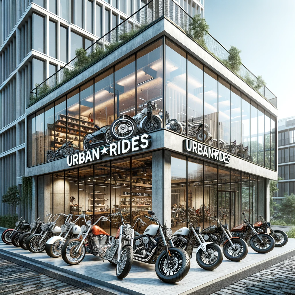 DALL·E 2023-10-16 20.08.13 - High-resolution photo of the UrbanRides motorcycle rental outlet. The store boasts a modern architectural style with vast glass windows that mirror th