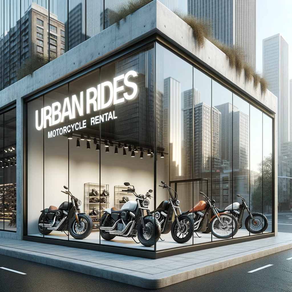 DALL·E 2023-10-16 20.08.14 - Photorealistic depiction of the UrbanRides motorcycle rental storefront with a minimalist modern design. The store's large glass windows offer reflect