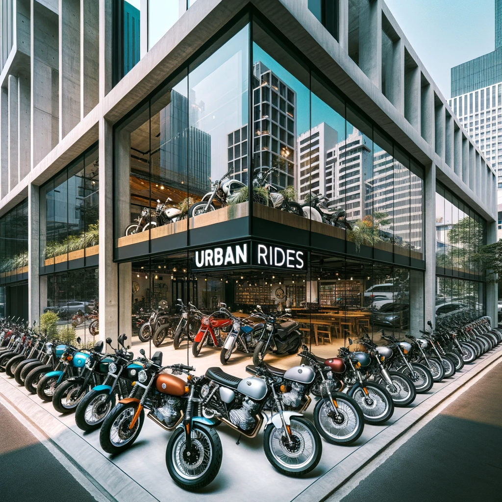 DALL·E 2023-10-16 20.08.17 - Photo of the UrbanRides motorcycle rental store, showcasing its contemporary architecture. Expansive glass windows reflect the surrounding city buildi